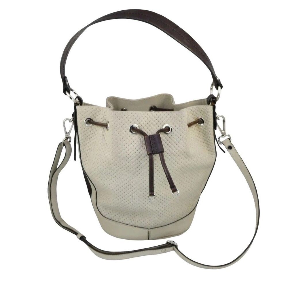 The Trend Mini Aston Leather Perforated Off White Drawstring Bucket Bag